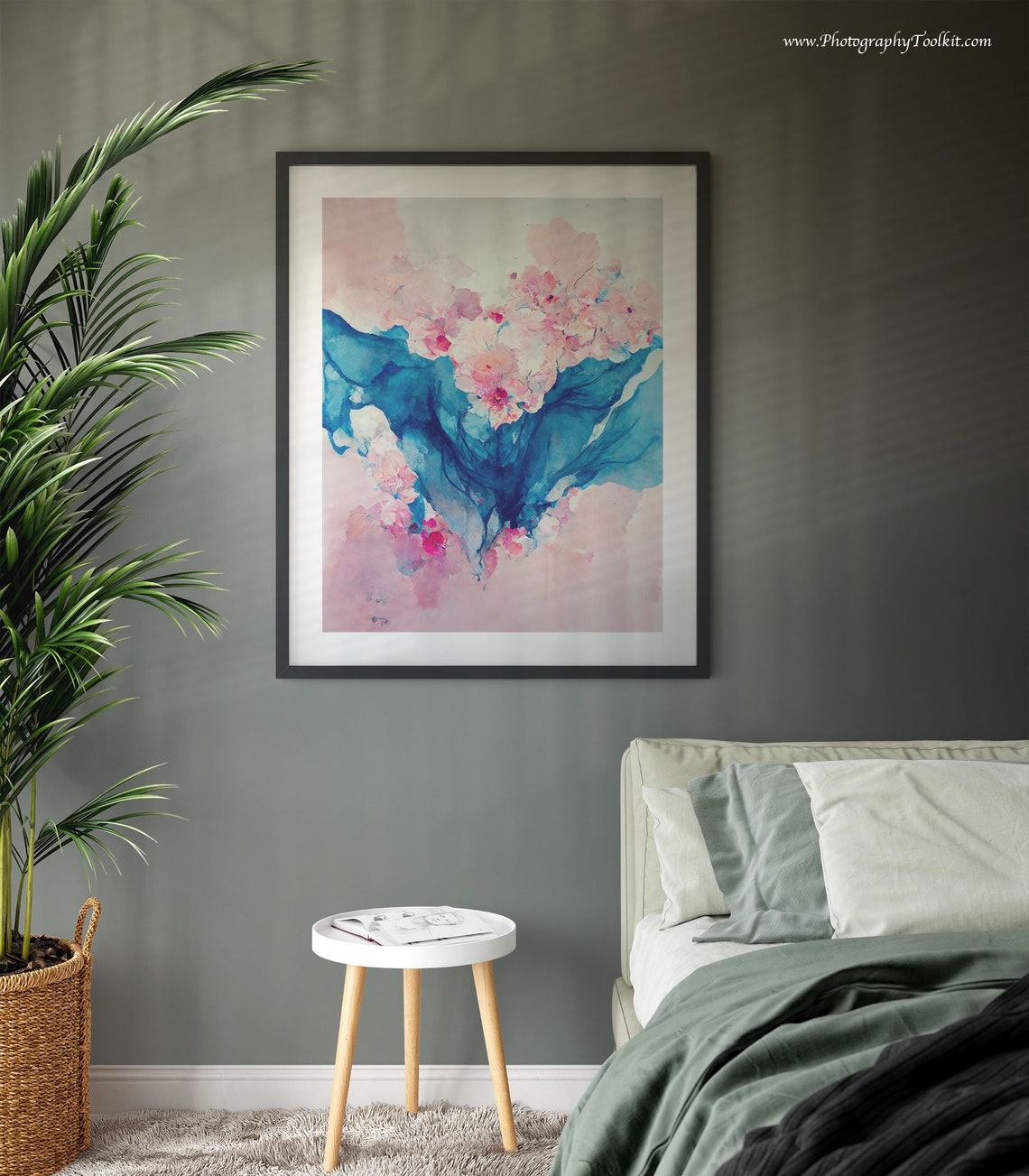Abstract Blue Ink Pink Blossoms Fluid Watercolor Modern Art Poster - Image 3