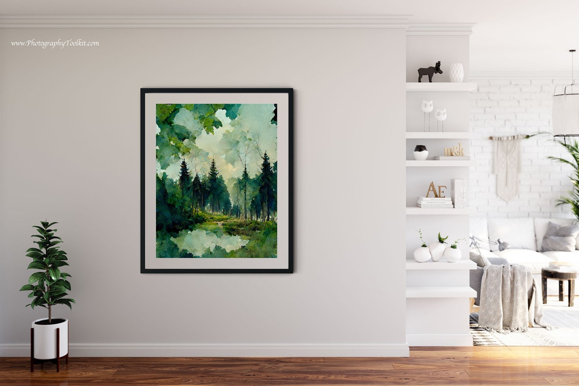 Misty Pine Forest Pond Reflective Calm Serene Watercolor Poster - Image 4