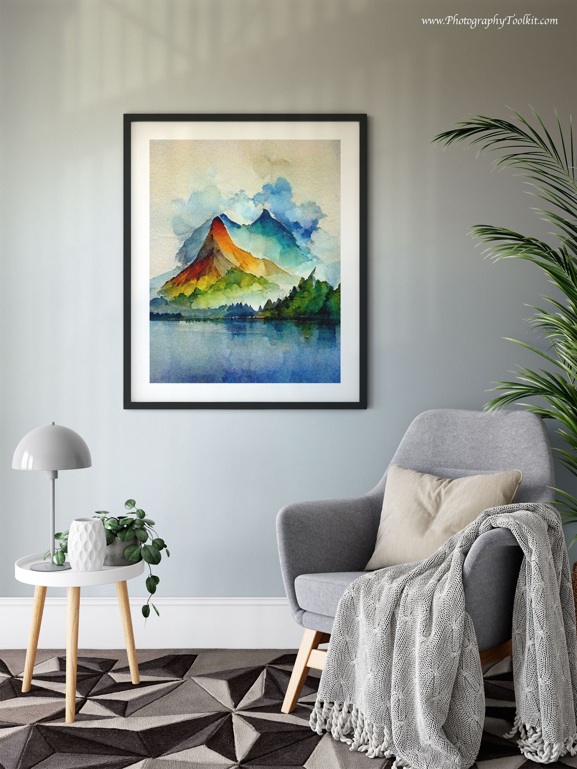 Colorful Rainbow Mountain Peaks Above a Calm Lake Watercolor Poster - Image 6