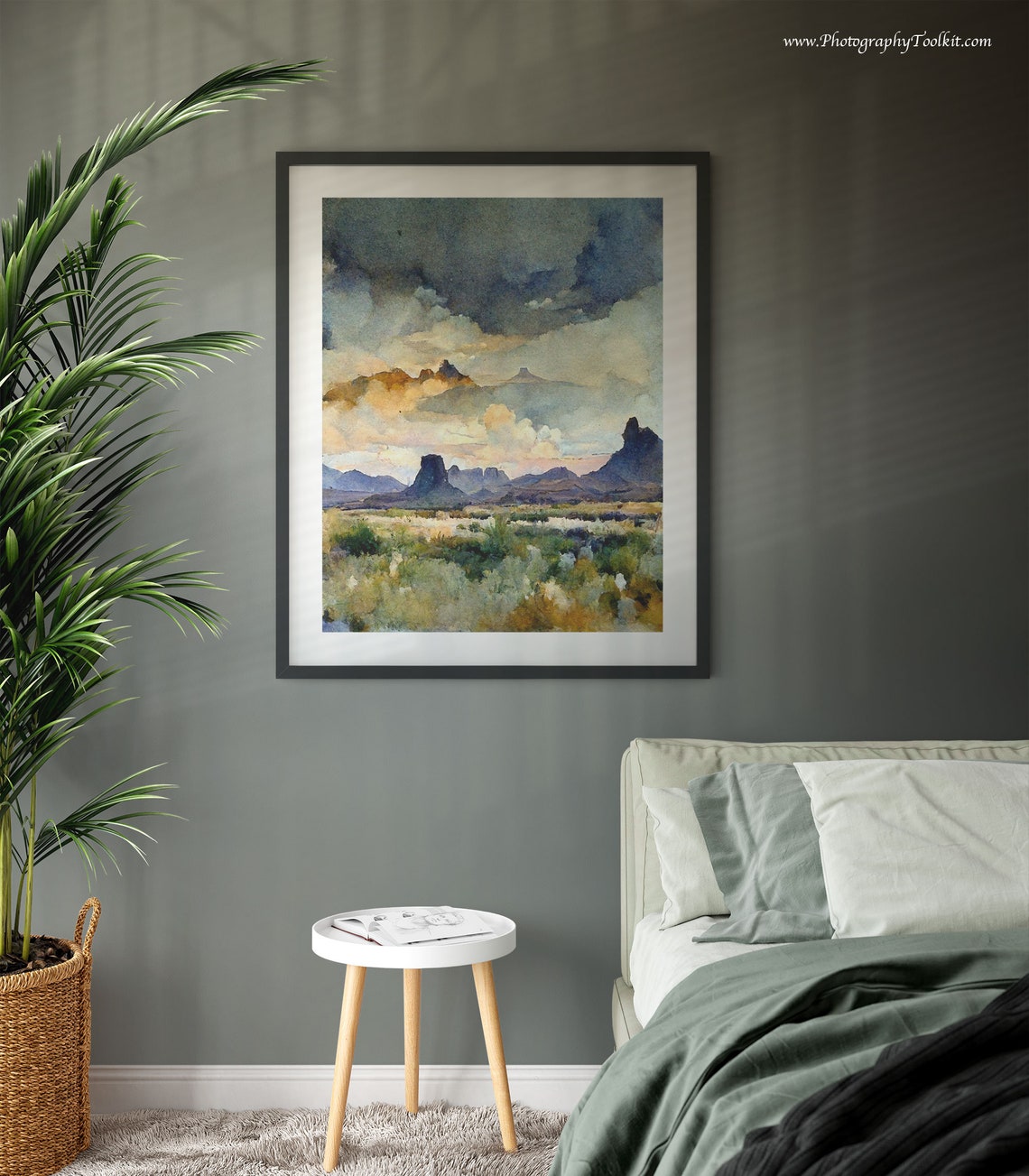 Desert Canyon Landscape Watercolor Buttes Under Cloudy Sky Poster - Image 3