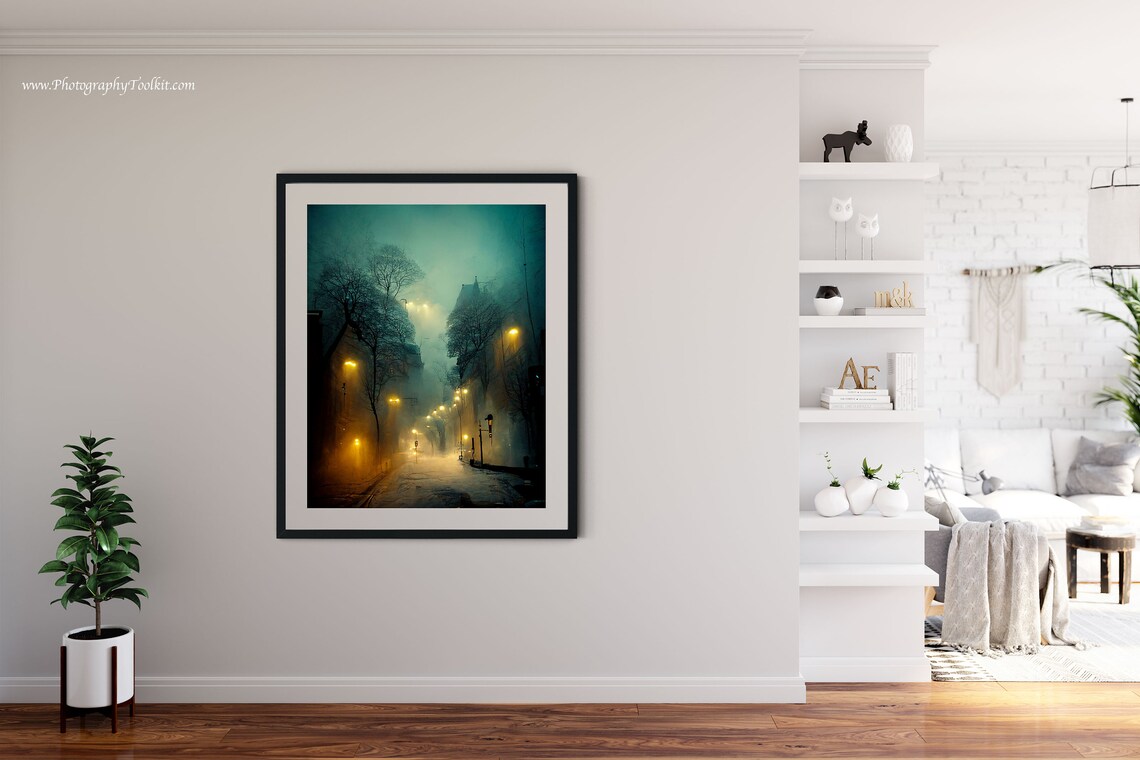 Foggy Night City Street with Glowing Lamps Misty Urban Poster - Image 4