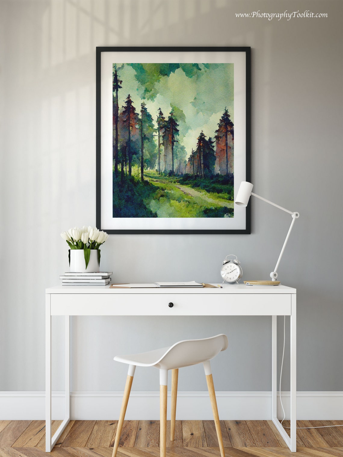 Tall Pine Trees Misty Woodland Trail Serene Watercolor Poster - Image 2