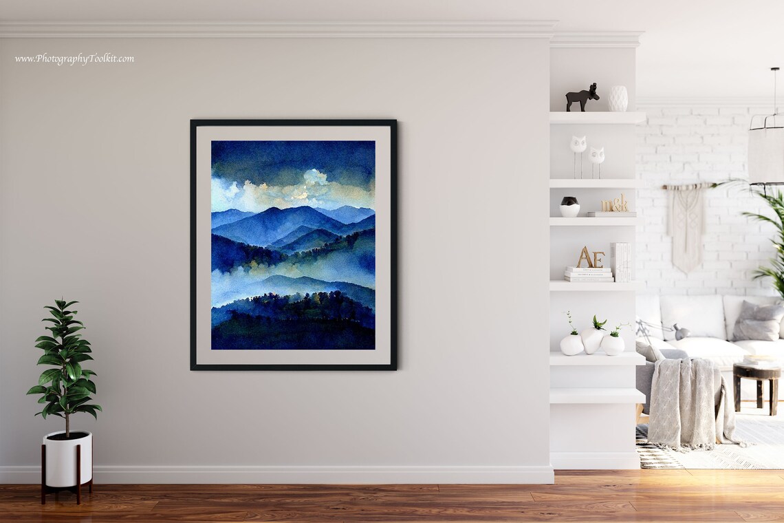 Blue Misty Mountains Watercolor Cloudy Sky Over Foggy Peaks Art Poster - Image 4