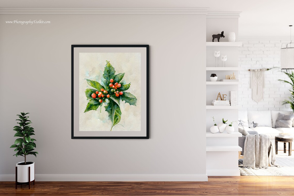 Red Berries and Green Holly Leaves Watercolor Botanical Art Poster - Image 4