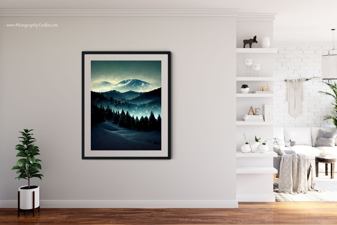 Snowy Mountain Night Starry Winter Landscape Scenic Scenic Poster - Image 4