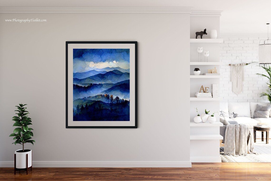 Misty Blue Mountain Watercolor Foggy Ridge Peaceful Nature Art Poster - Image 4