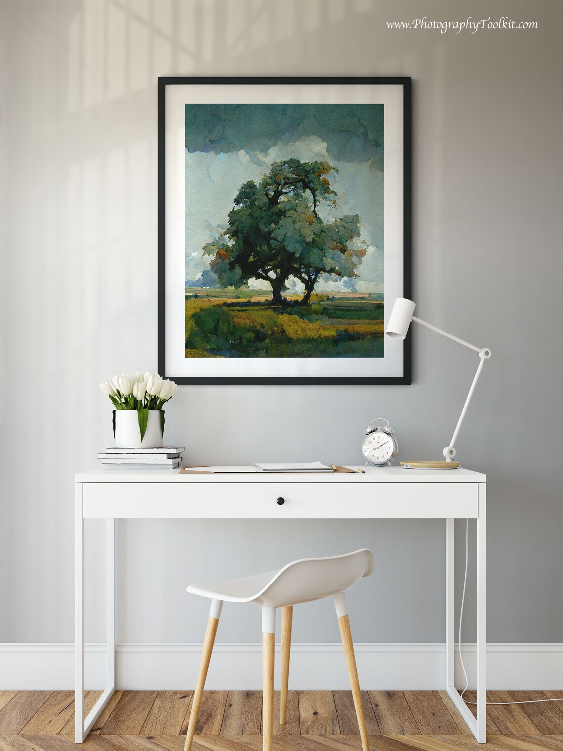 Solitary Tree in a Golden Field Under Storm Clouds Oil Style Poster - Image 2