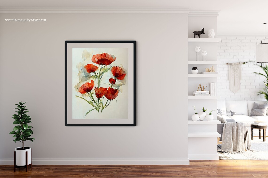Red Poppy Flowers Buds Watercolor Floral Study Botanical Art Poster - Image 4