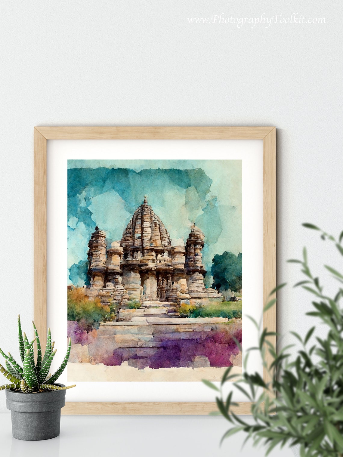 Khajuraho India Ancient Stone Temple Watercolor Teal Sky Poster - Image 5