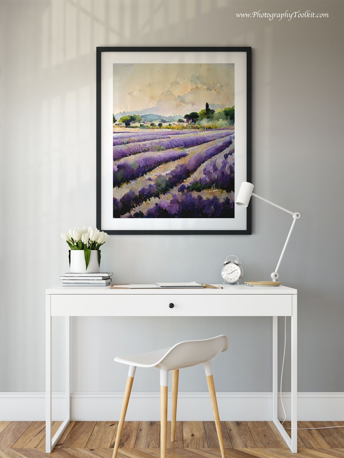 Sunlit Rows of Purple Lavender Flowers Watercolor Countryside Poster - Image 2
