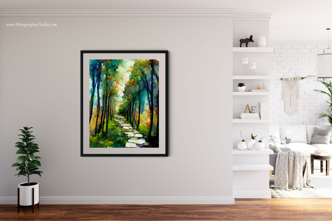 Autumn Forest Stone Path Tall Trees Watercolor Golden Trail Poster - Image 4