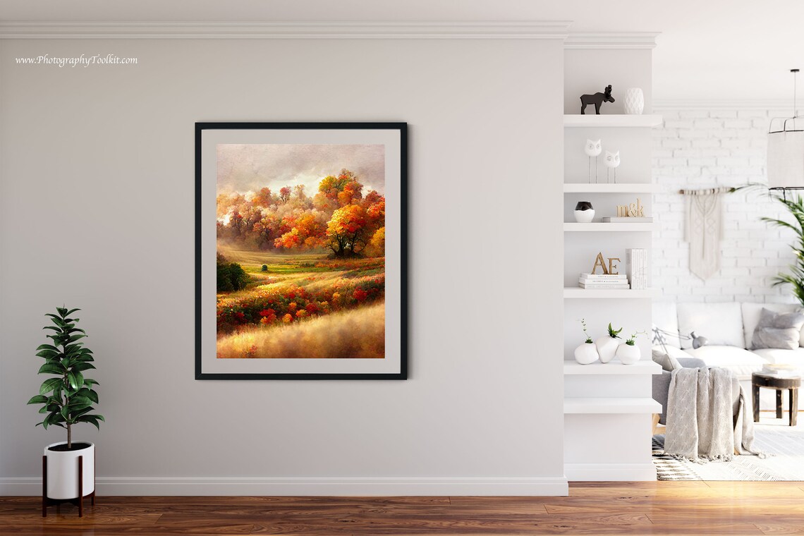 Golden Autumn Meadow Landscape Print Colorful Fall Trees Rolling Hills Art - Image 4