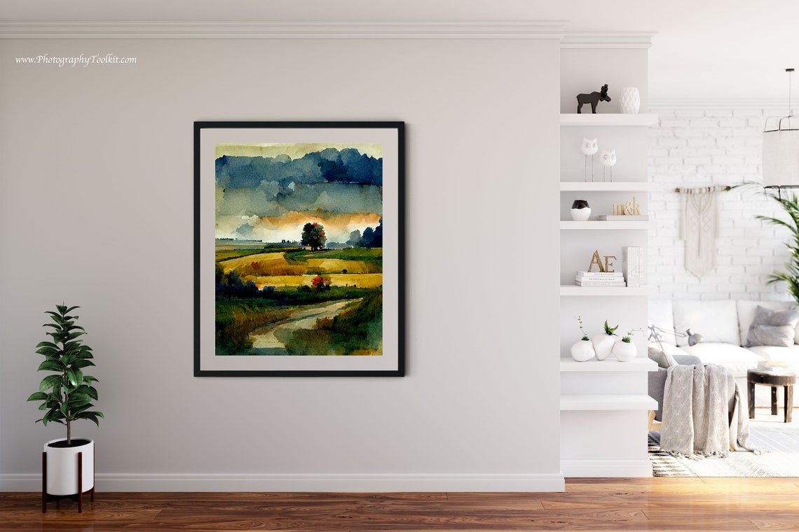 Lone Tree Winding Path Golden Field Stormy Sky Nature Art Poster - Image 4