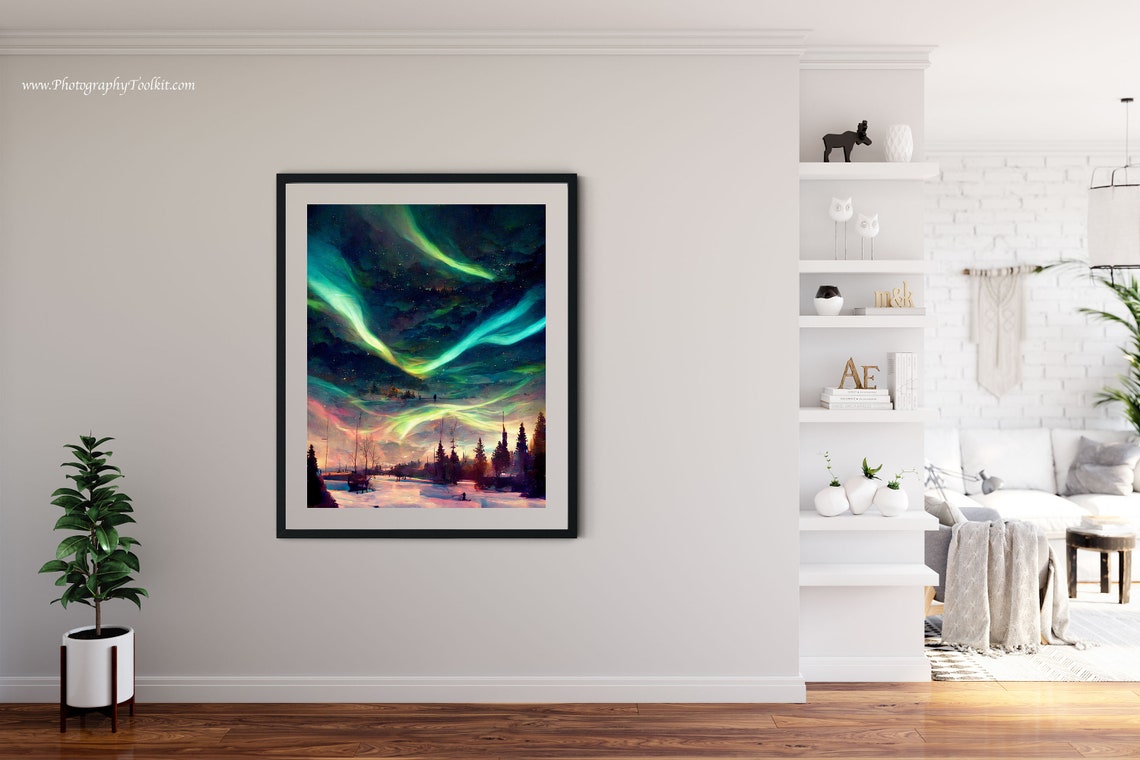 Aurora Borealis Snowy Forest Night Sky Watercolor Scenic Poster - Image 4