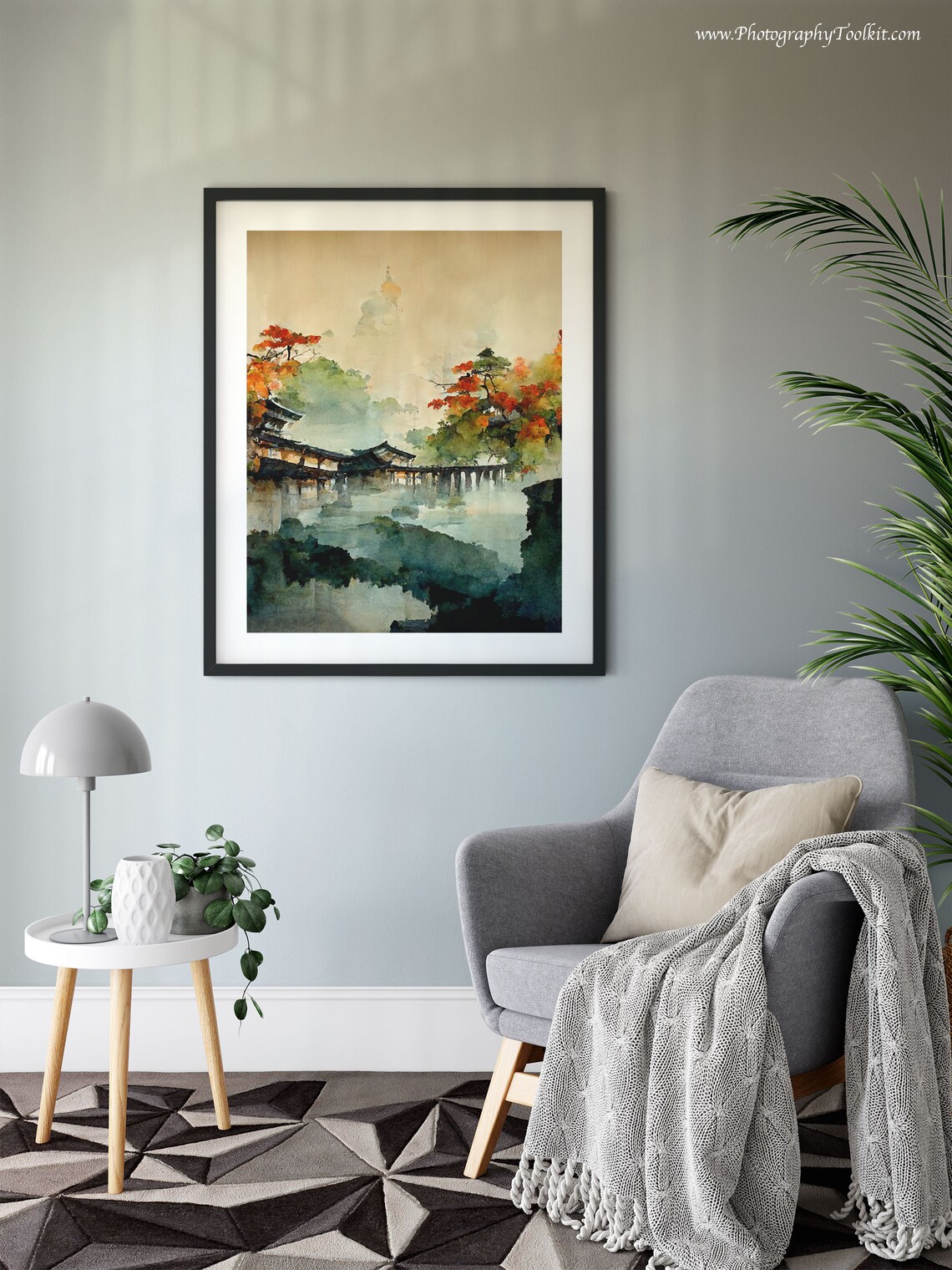 Serene Japanese Temple Autumn Lake Watercolor Scenic Travel Poster - Image 6
