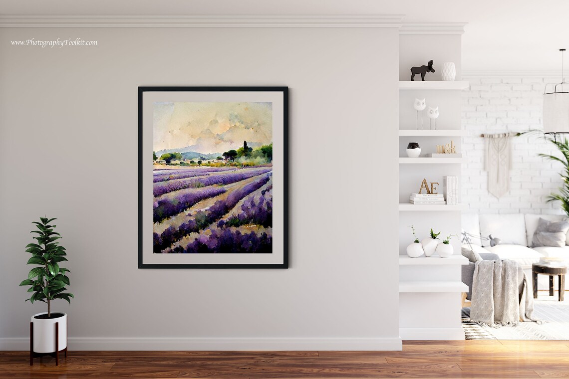Sunlit Rows of Purple Lavender Flowers Watercolor Countryside Poster - Image 4