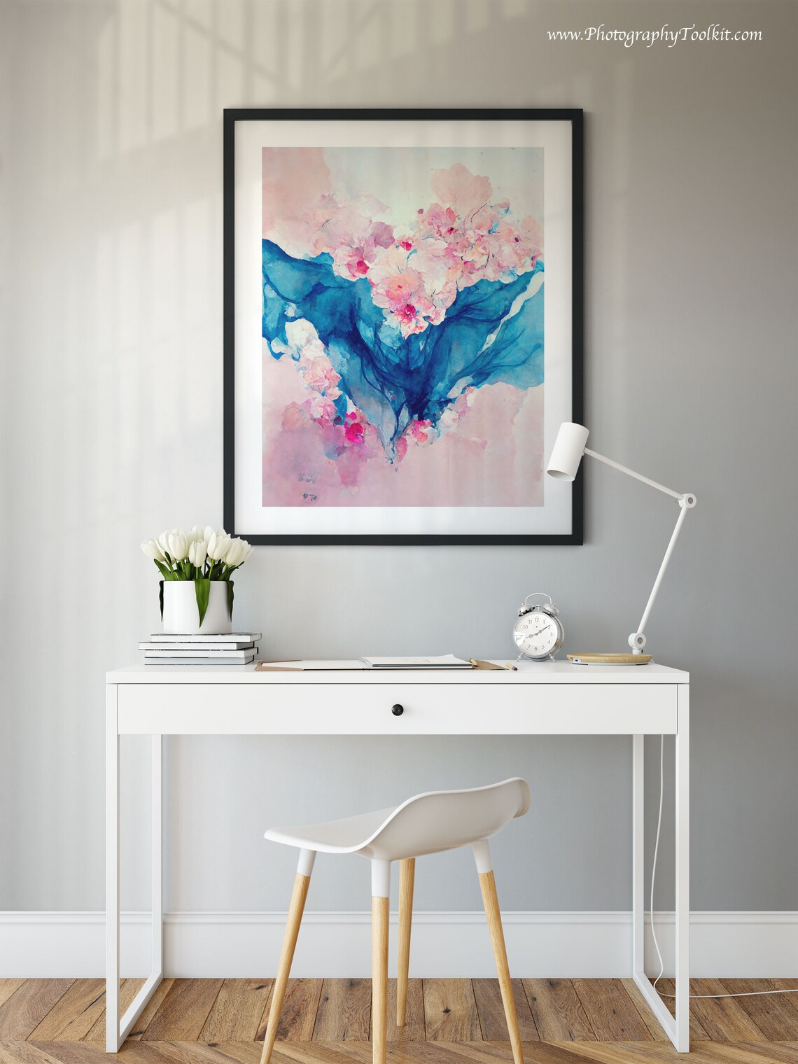Abstract Blue Ink Pink Blossoms Fluid Watercolor Modern Art Poster - Image 2