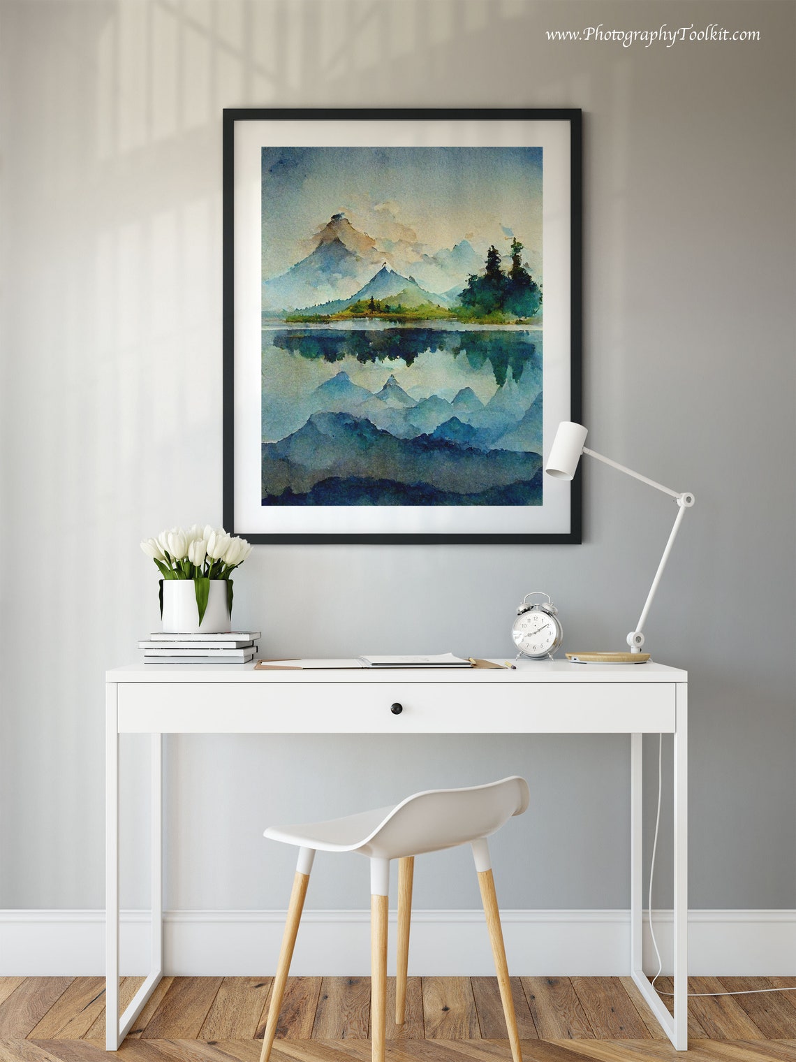 Blue Mountain Peaks and Pines Reflected in a Lake Watercolor Poster - Image 2