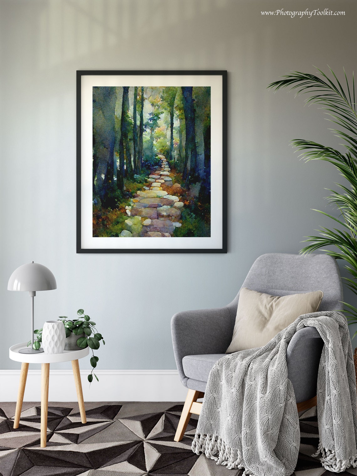 Sunlit Forest Path Watercolor Stone Steps Through Green Trees Poster - Image 6