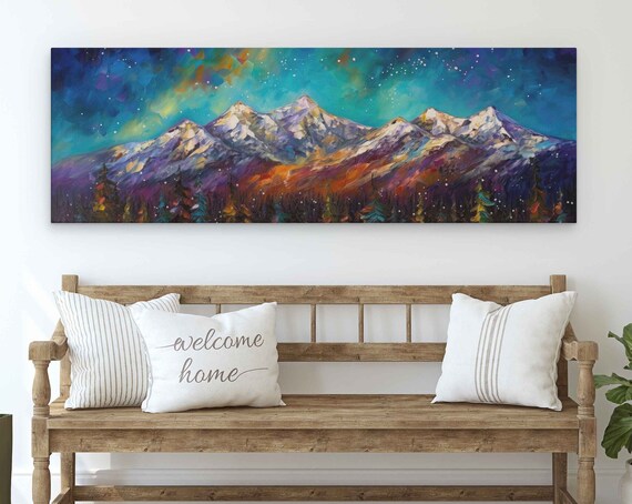 Starry Night Mountain Range Panoramic Teal Aurora Sky Snow Peaks Forest Art Poster