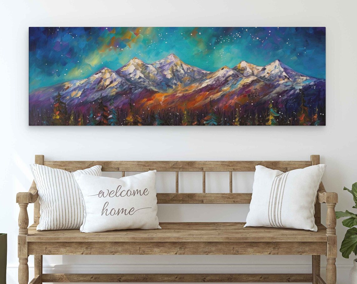 Starry Night Mountain Range Panoramic Teal Aurora Sky Snow Peaks Forest Art Poster