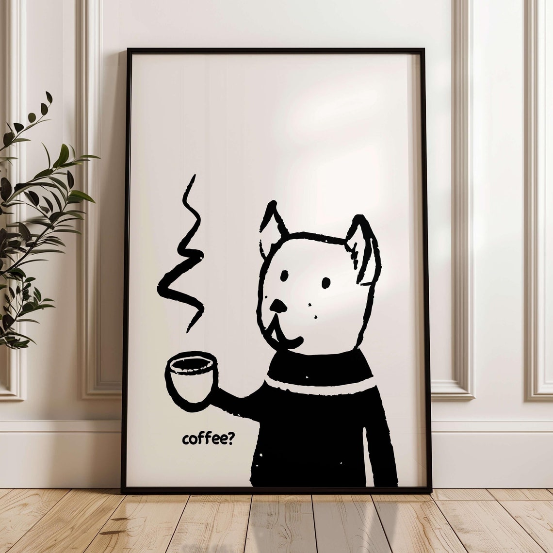 Funny Dog Asking Coffee Question Cute Black And White Humor Poster