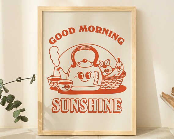 Kitchen Wall Print Retro Breakfast Illustration Vintage Kettle 70s Poster Food Decor Large Art Print Burnt Orange Artwork Unframed
