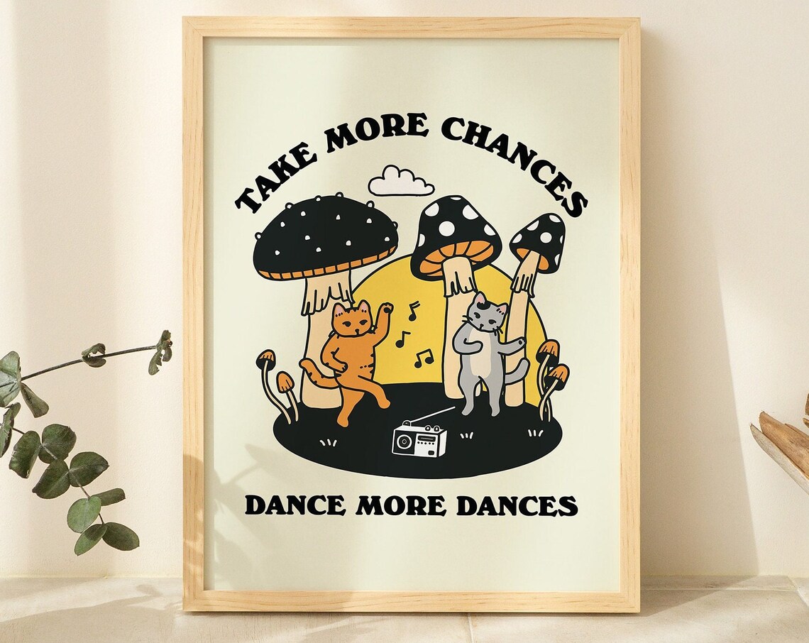 Dancing Cats Mushroom Positive Wall Art Print