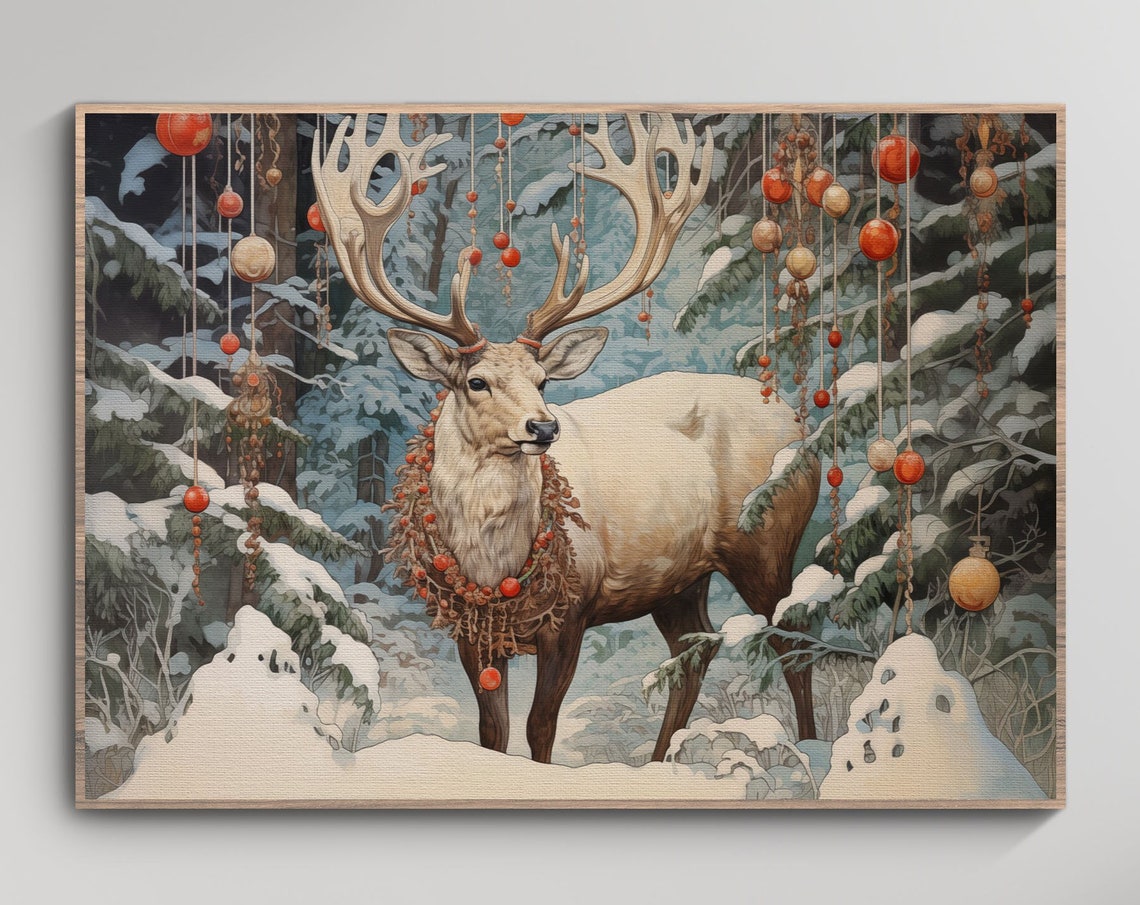 Majestic Stag Christmas Ornaments Snowy Forest Winter Poster