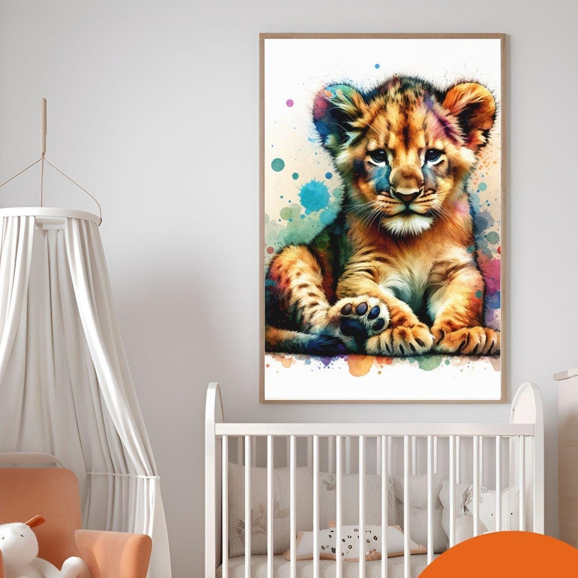 Colorful Watercolor Lion Cub Splash Nursery Animal Wall Decor Poster