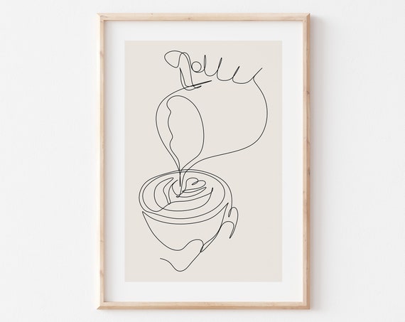 Hand Drawn Coffee Line Art Print Aesthetic Neutral Kitchen Wall Art Minimalism Coffee Prints Minimalist Food Drink Print