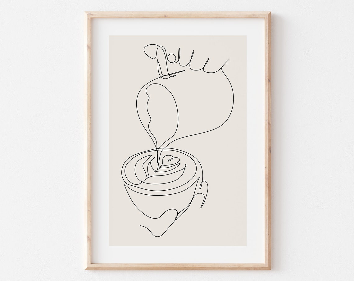 Hand Drawn Single Line Coffee Cup Minimal Neutral Kitchen Wall Art