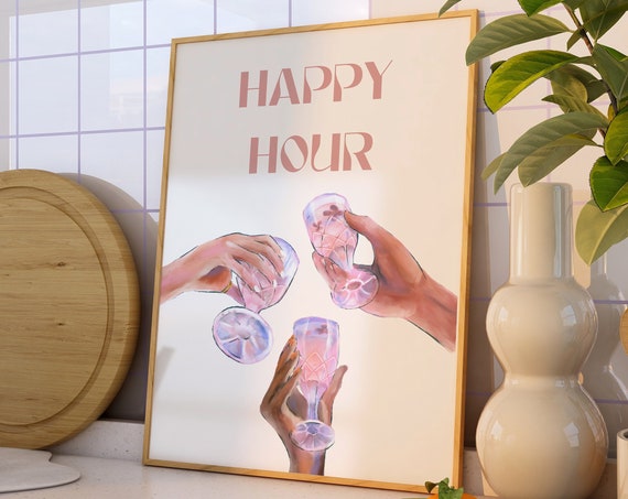 Happy Hour Print Retro Bar Cart Wall Art Cute Drinks Poster Aesthetic Bar Cart Decor Bar Cart Print Cheers Poster