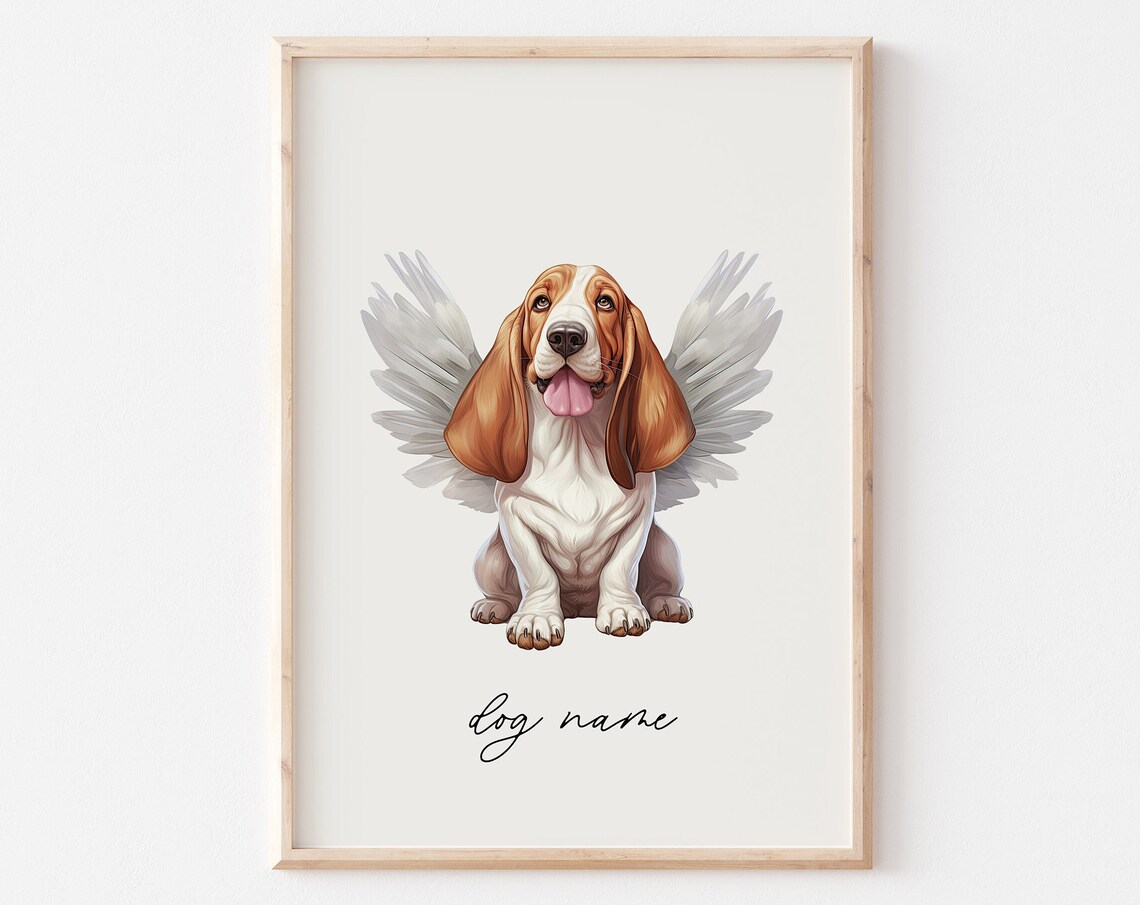 Basset Hound Angel Wings Custom Pet Memorial Portrait Sympathy Poster