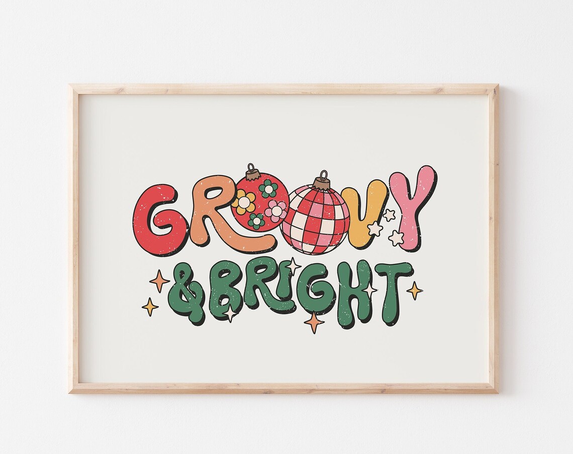 Groovy and Bright Retro Christmas Ornament Bubble Letters Poster