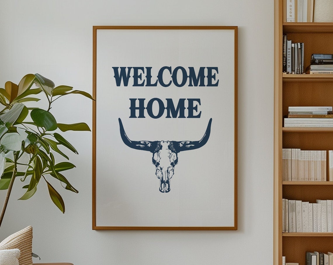 Welcome Home Navy Longhorn Steer Skull Texas Western Ranch Poster