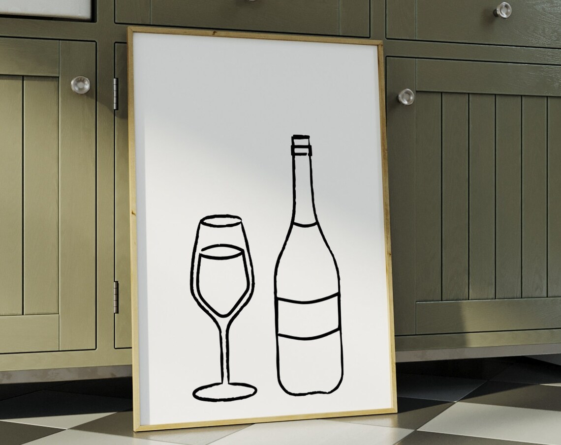 Wine Glass And Bottle Minimalist Line Drawing Modern Kitchen Wall Poster