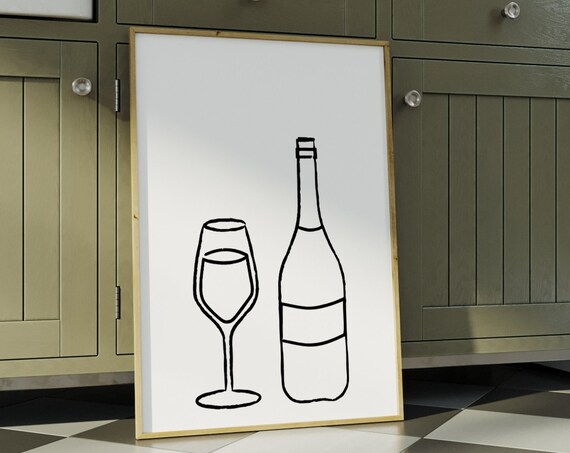 Wine Glass And Bottle Minimalist Line Drawing Modern Kitchen Wall Poster