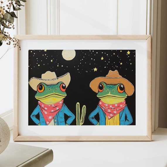 Whimsical Cowboy Frog Art Print Colorful Toad Wall Decor With Cacti Cute Funny Frog Poster Celestial Quirky Cowboy Hat Artwork