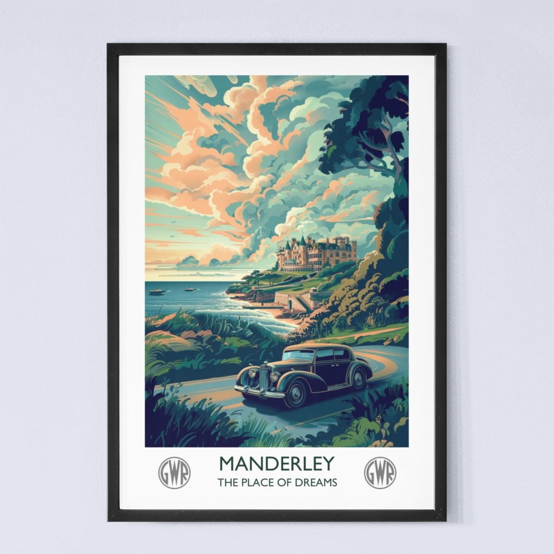 Manderley Coastal Mansion Vintage Car Sunset Classic Literature Poster