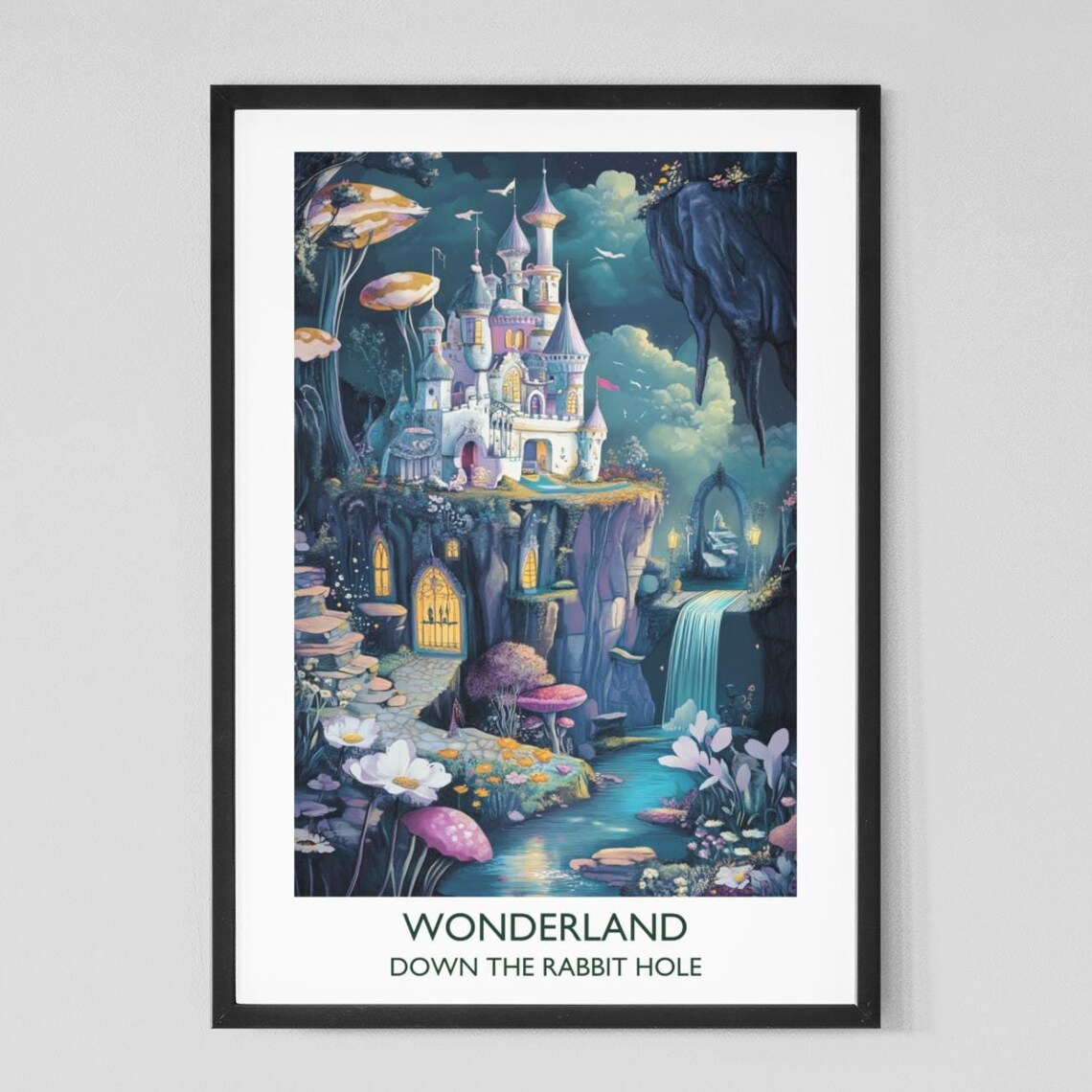 Wonderland Castle Mushroom Falls Whimsical Literary Travel Poster