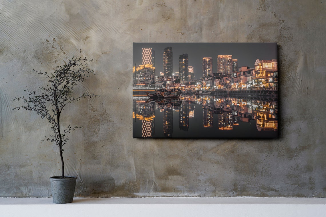 City Skyline At Night With River Reflections Urban Night Poster - Image 2