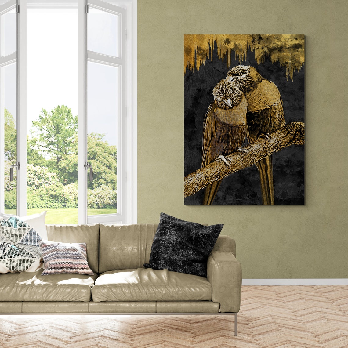 Two Perched Parrots Gold Black Duotone Tropical Bird Painting Poster - Image 2