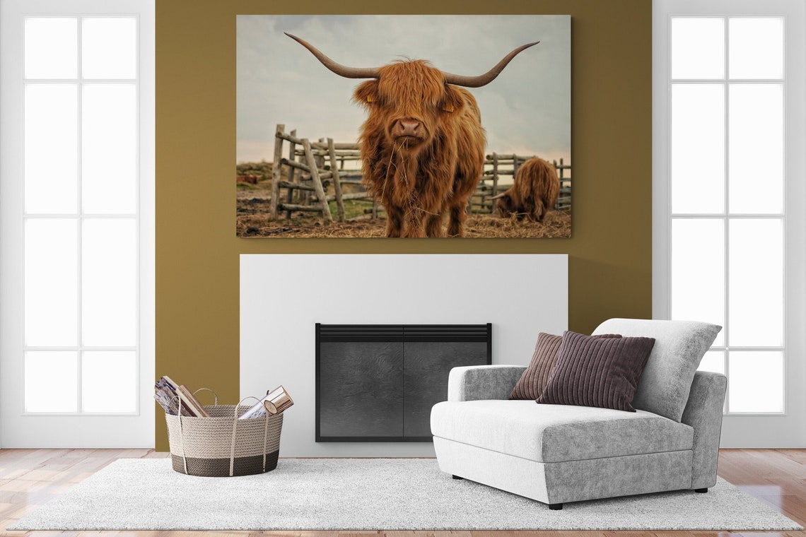 Highland Cow Portrait Scottish Cattle Meadow Painting Animal Wall Art - Image 2