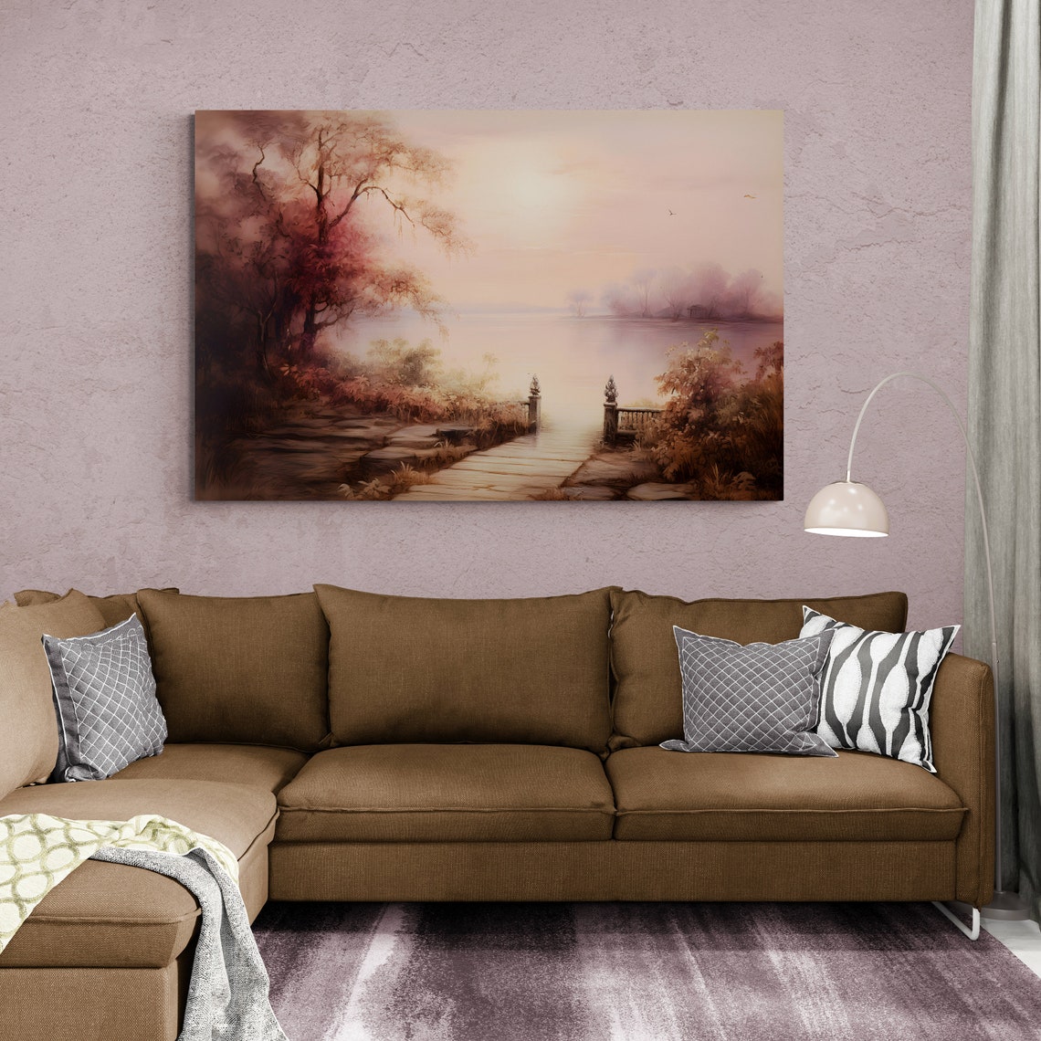 Misty Pink Lakeside Garden Path At Dawn Vintage Landscape Art Poster - Image 3