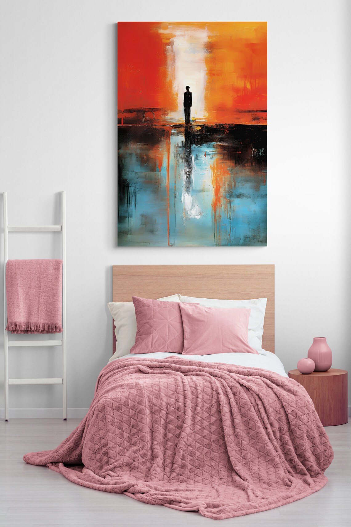 Minimal Abstract Figure With Red Umbrella And Pink Flowers Art Poster - Image 2