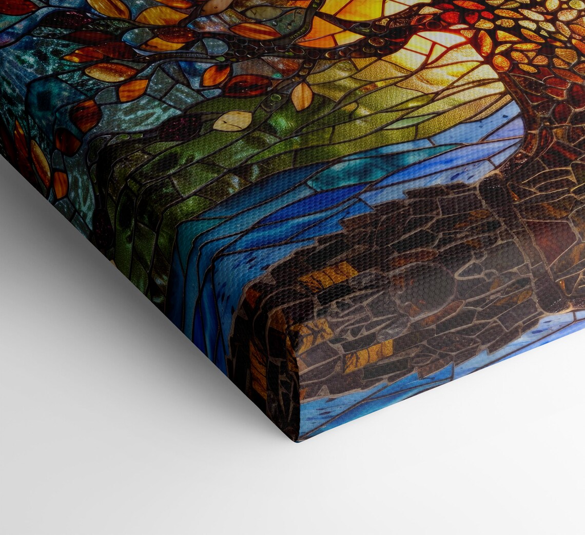 Stained Glass Tree Of Life Autumn Leaves Lakeside Mosaic Art Poster - Image 2