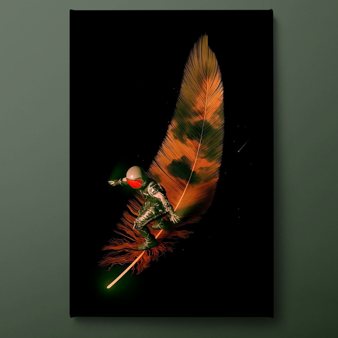 Surfing Astronaut Wall Art Nasa Astronaut Print Orange Black Surreal Painting Ready To Hang