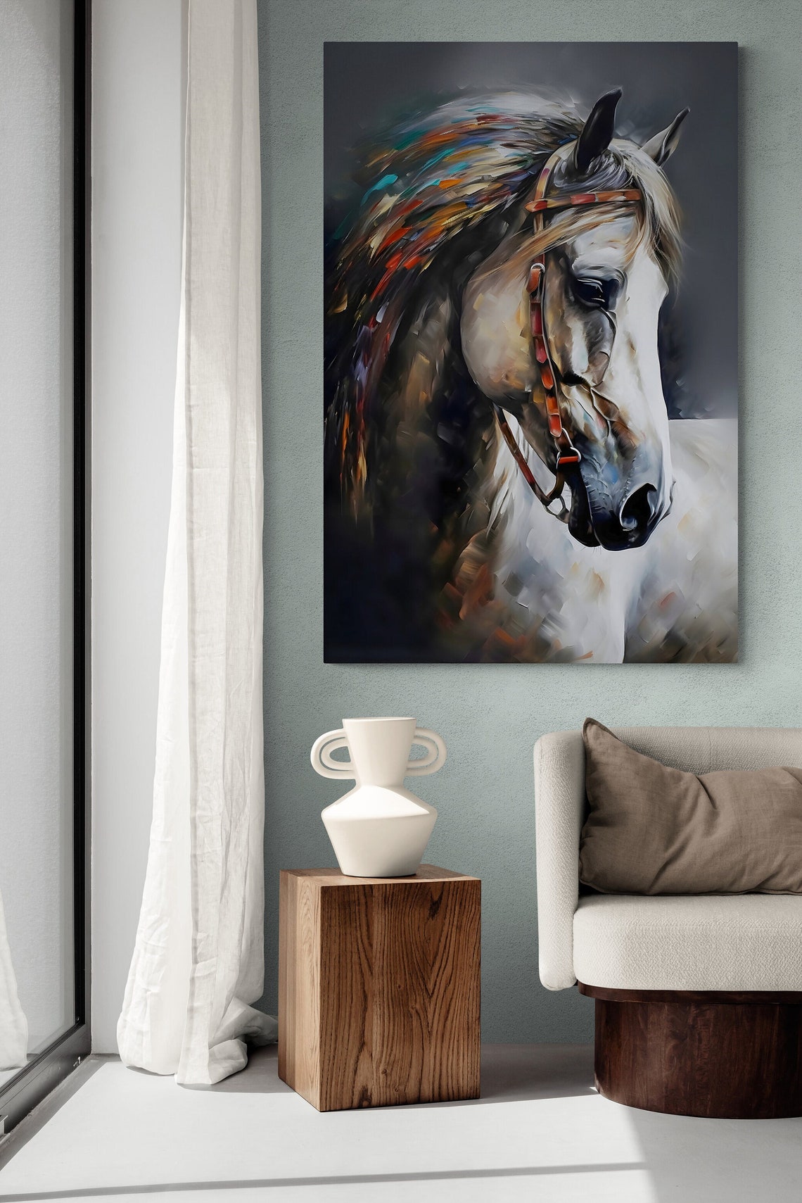 White Horse With Colorful Mane Portrait Bridle Equestrian Art Poster - Image 2