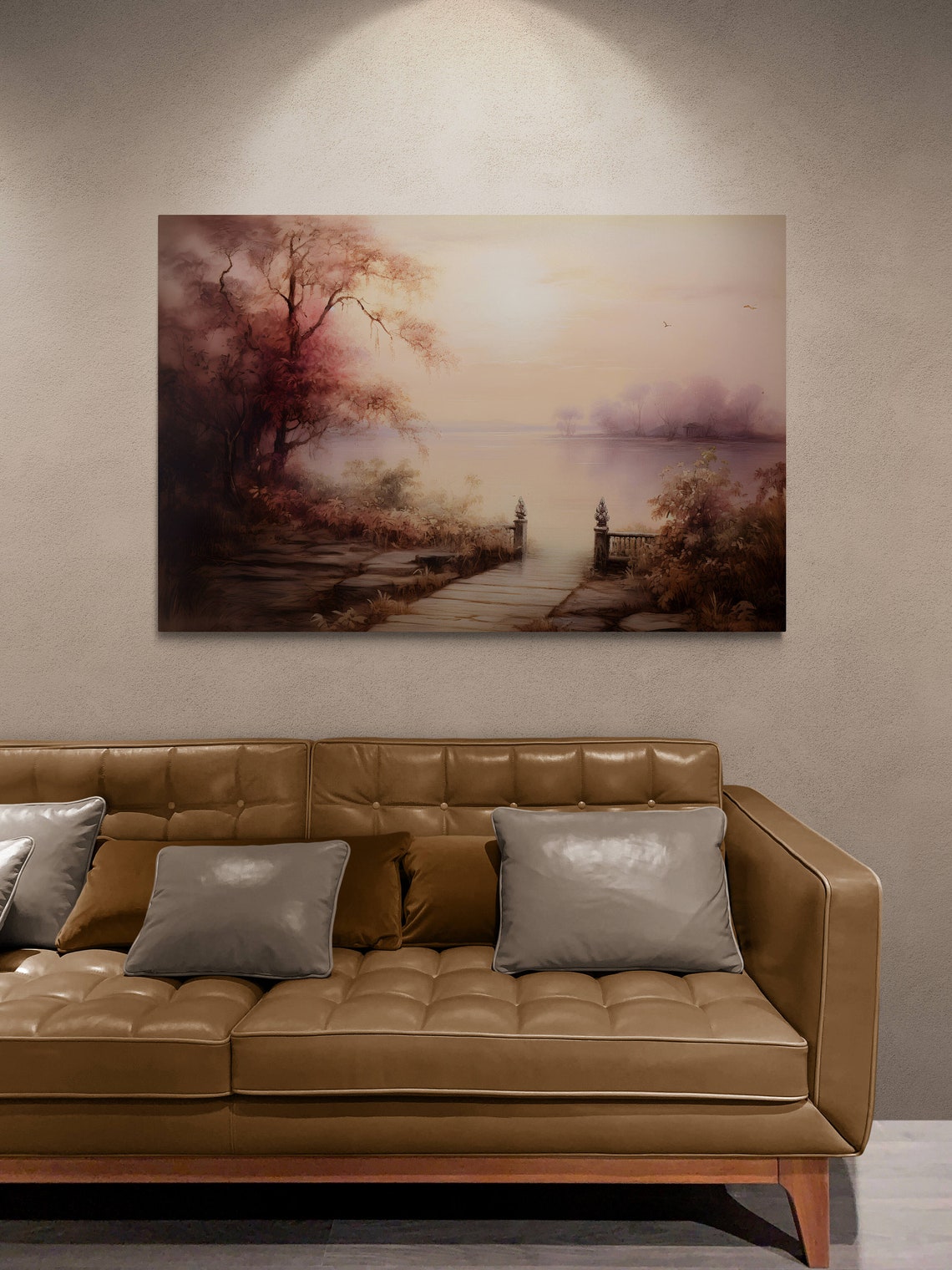 Misty Pink Lakeside Garden Path At Dawn Vintage Landscape Art Poster - Image 2